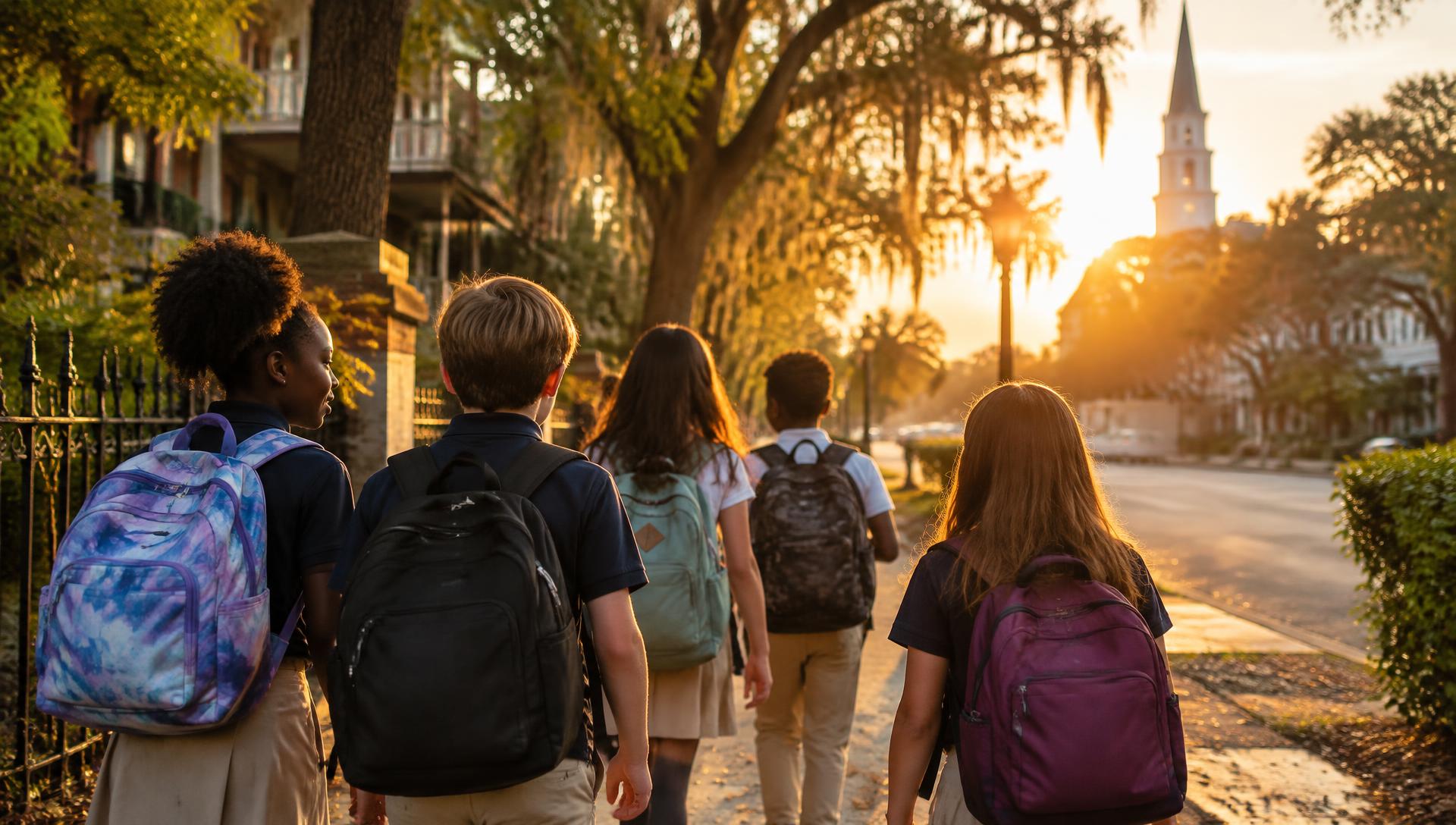 Students with backpacks walking to school together at sunrise